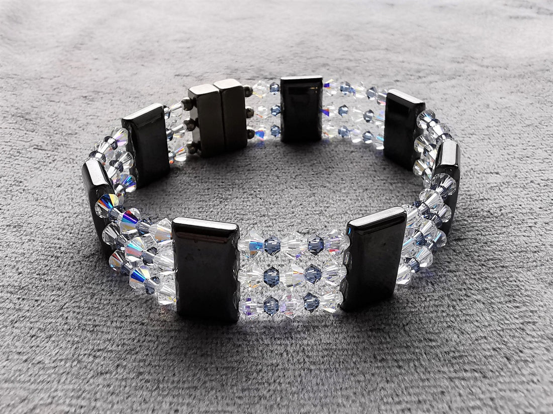 Magnet terapi armbånd med krystaller - Magnetic Hematite Clear Blue Crystal Bracelet triple