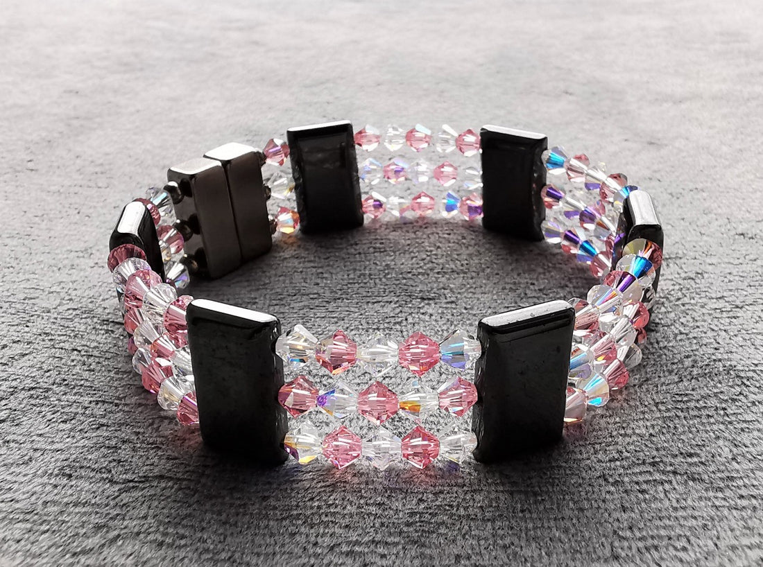 Magnet terapi armbånd med krystaller - Magnetic Hematite Pink Clear Crystal Bracelet triple