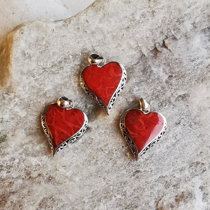 red coral silver heart pendant