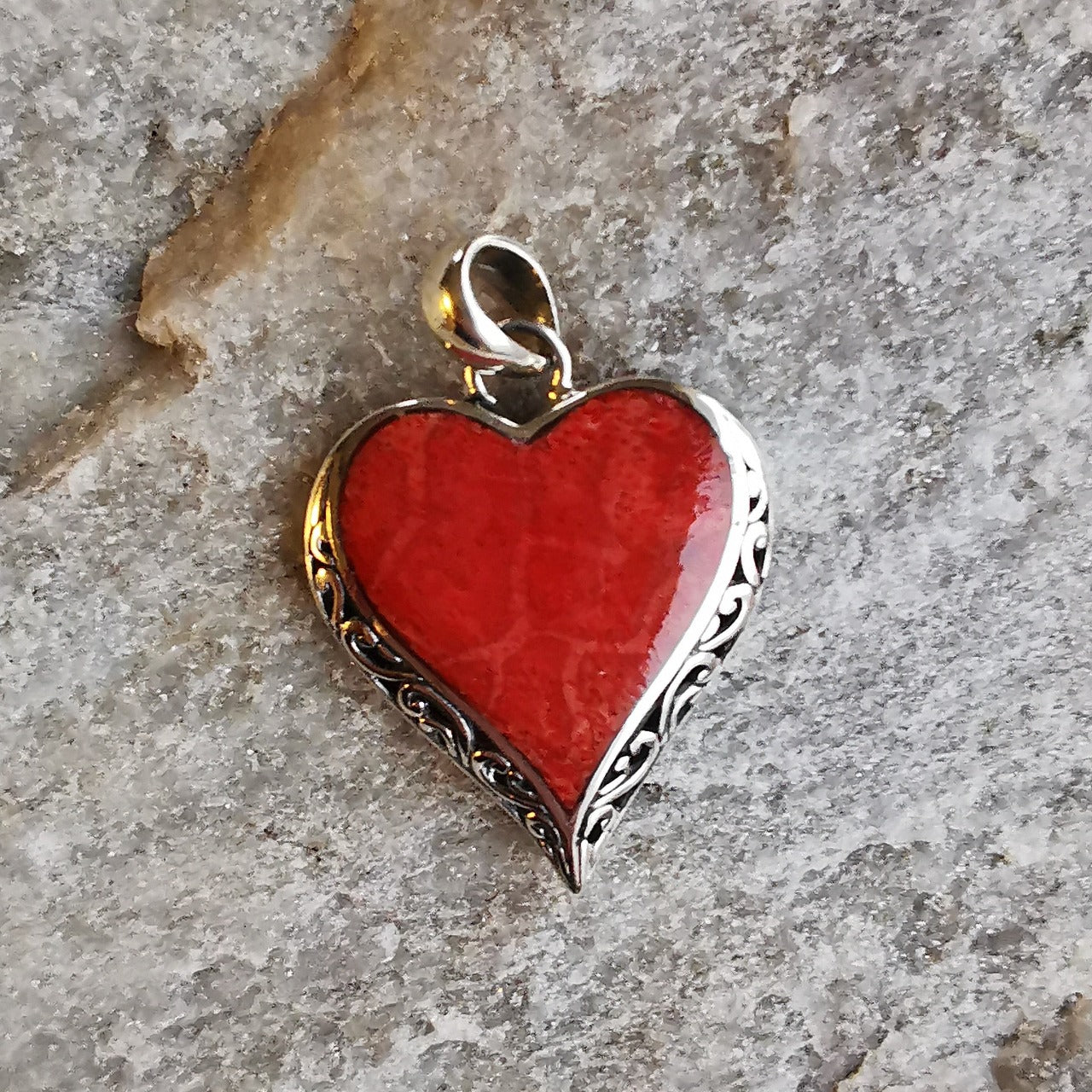 Red coral silver heart pendant