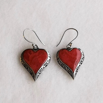 Red Coral Silver Heart Earrings