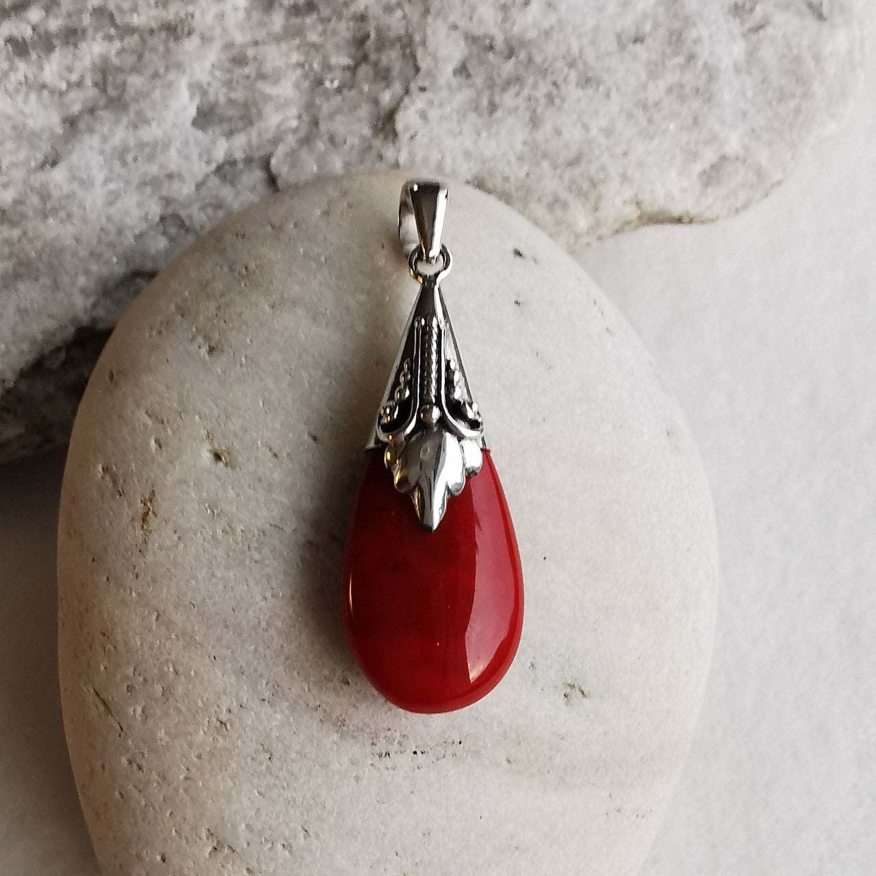 Red Coral Silver Tears Drop Pendant