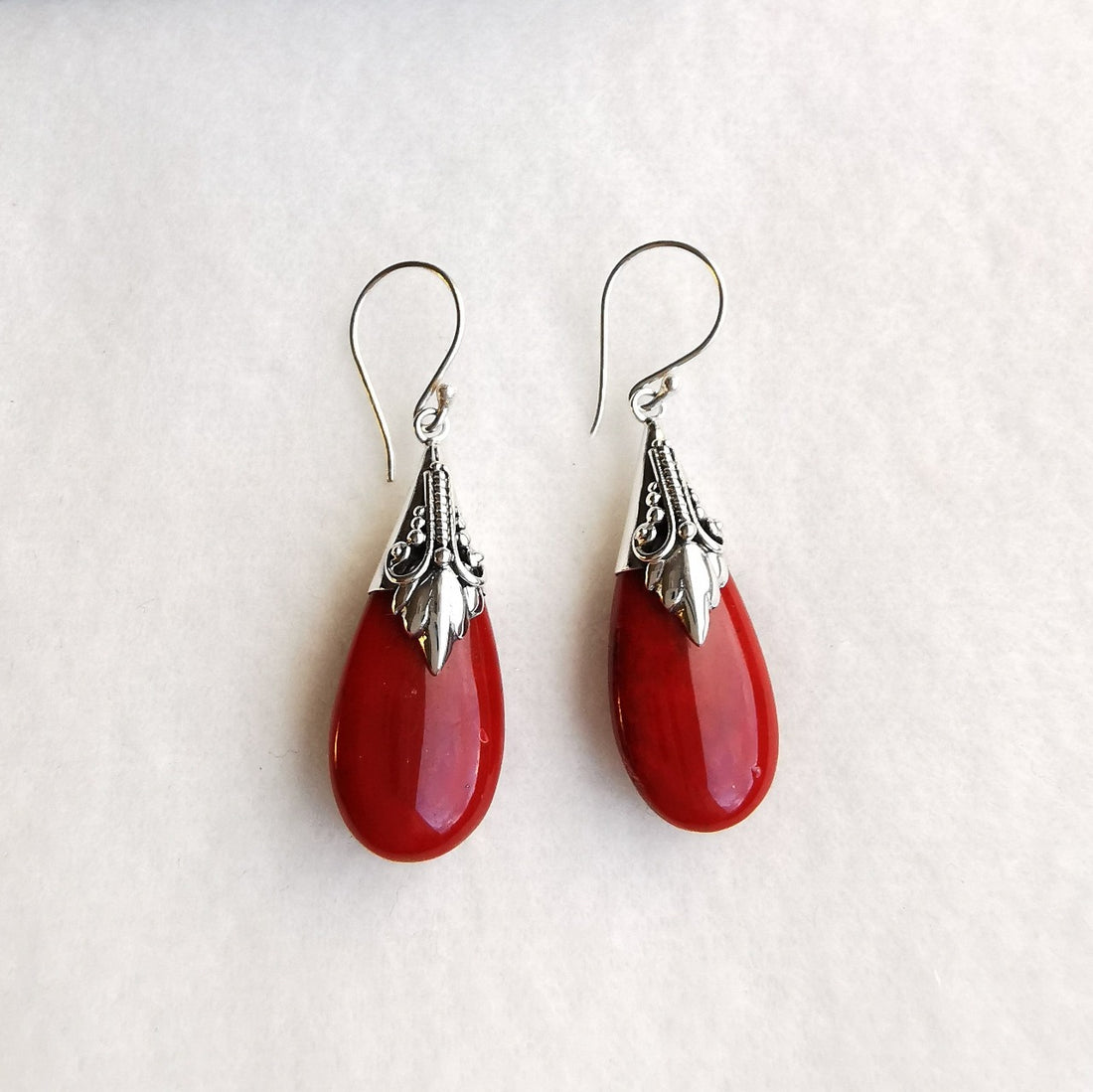 red coral silver earrings