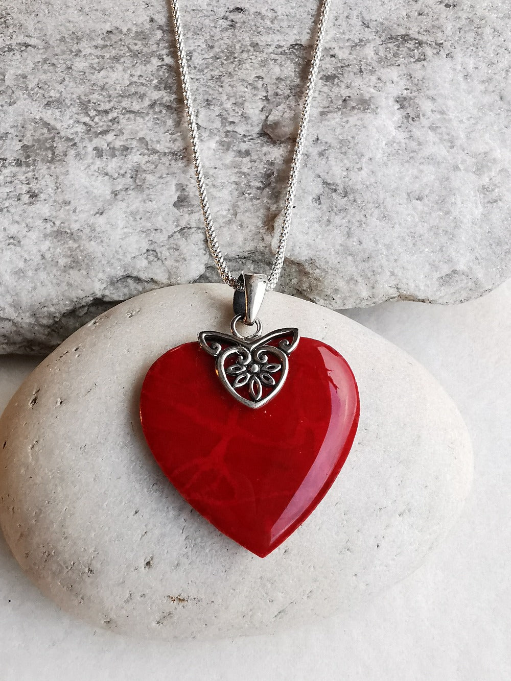 Red Coral Silver Heart Pendant