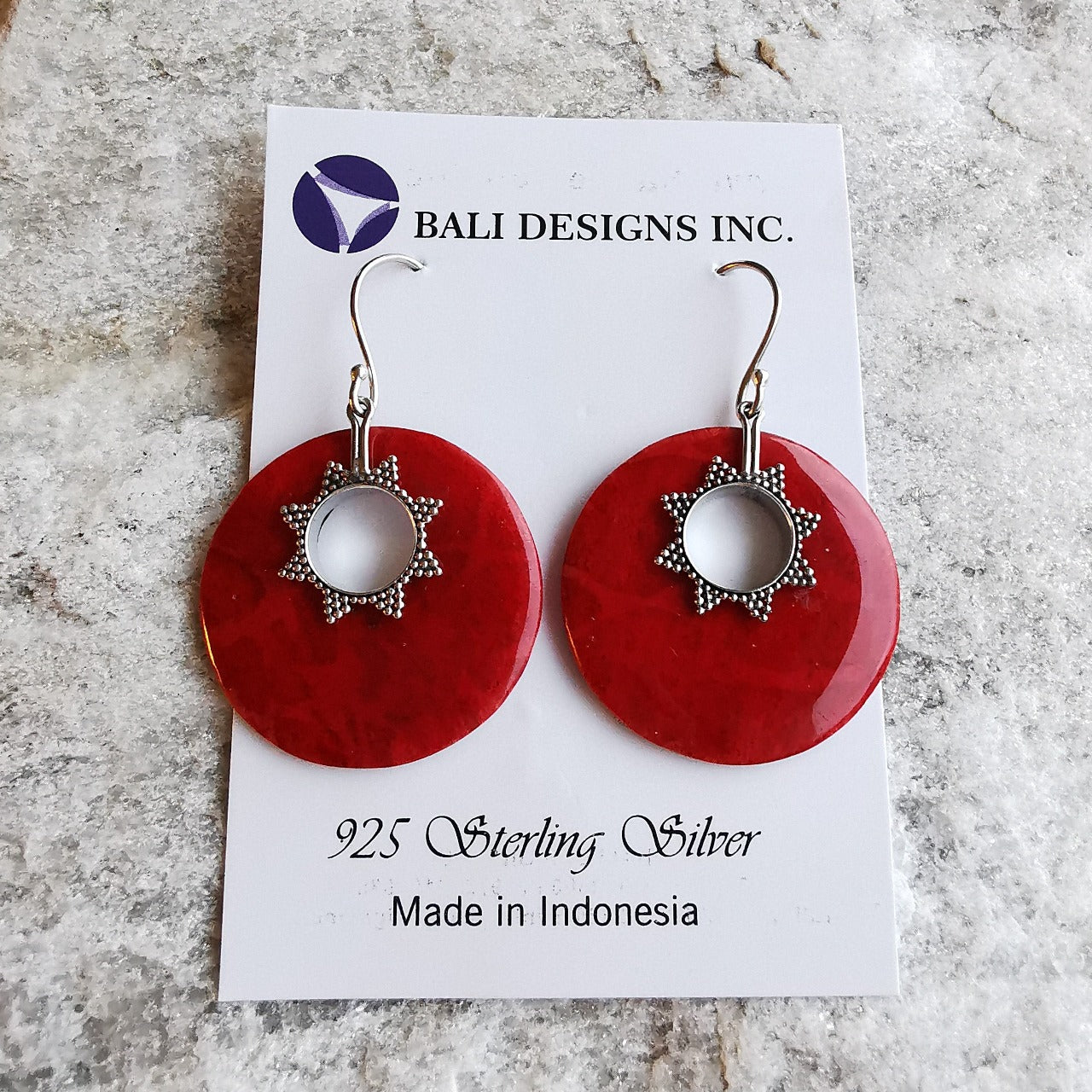 Red Coral Silver Round Earrings