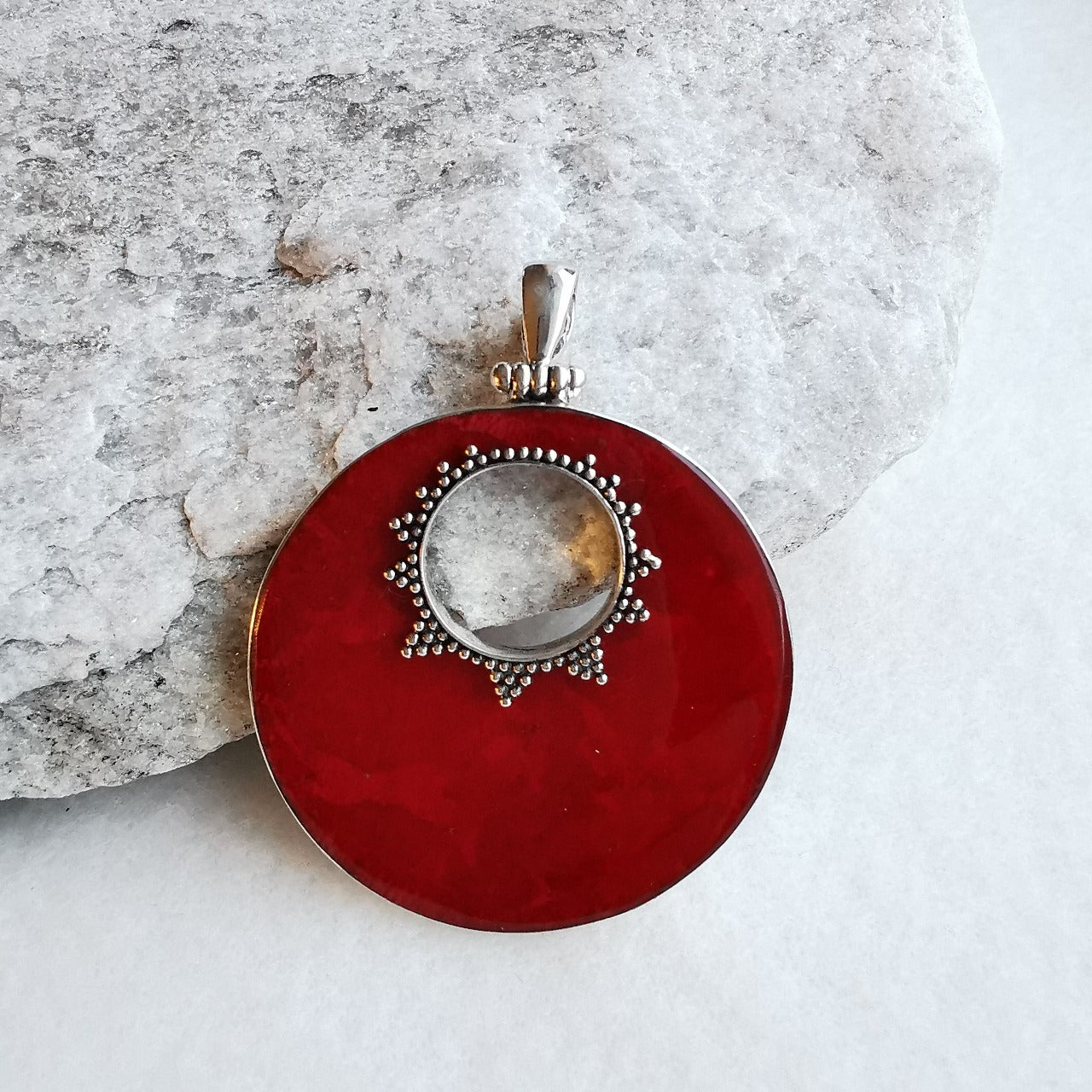 Red Coral Silver Round Pendant