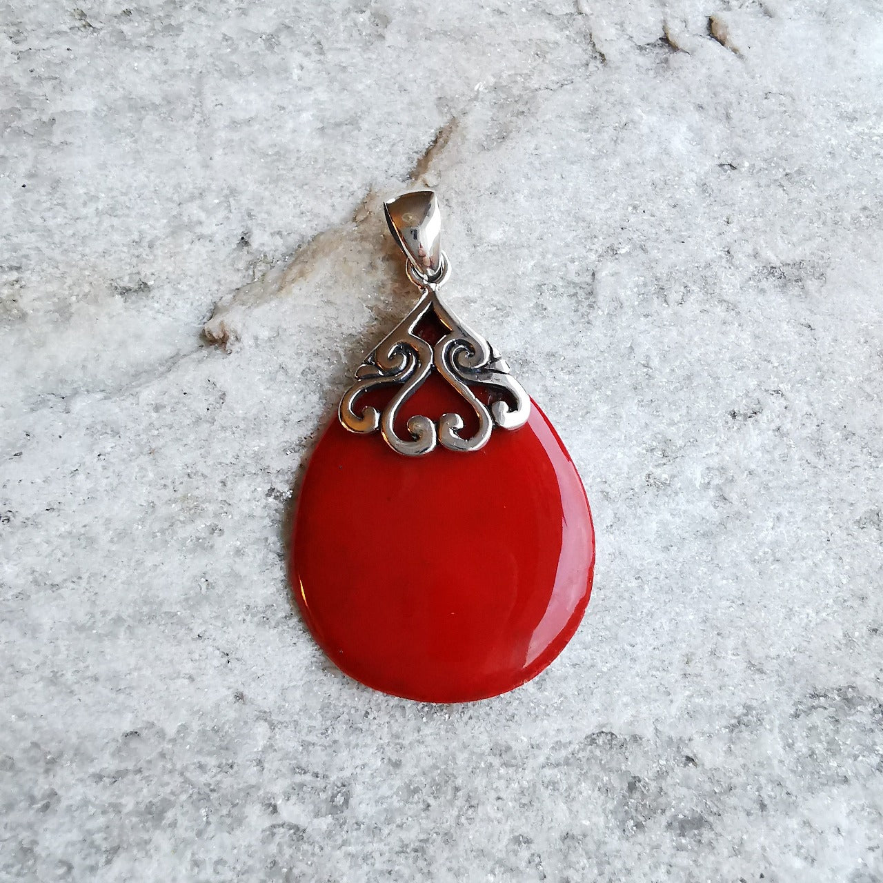 Red Coral Silver Pears Shape Pendant