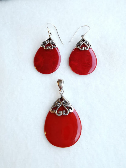 Red Coral Silver Pears Shape Earrings