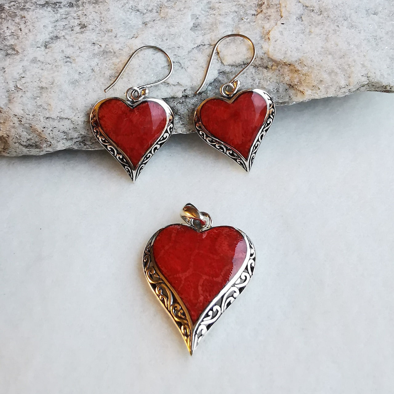 red coral silver jewelry pendant earrings