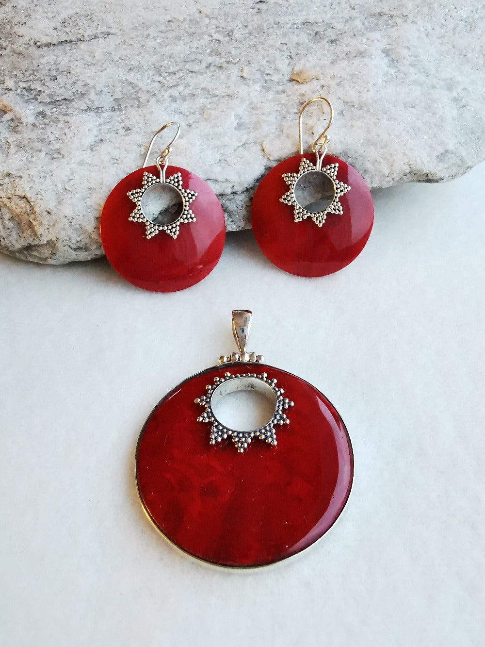 Red Coral Silver Round Earrings