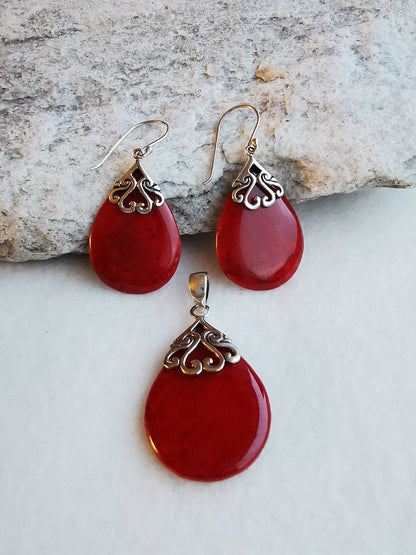 Red Coral Silver Pears Shape Earrings