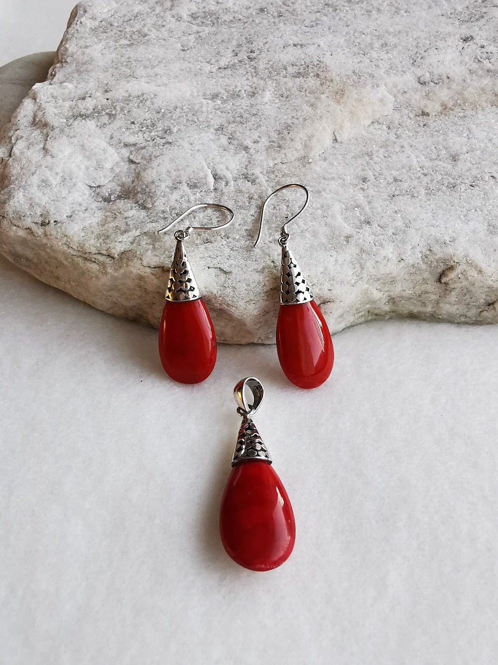 Red Coral Silver Tears Drop Pendant