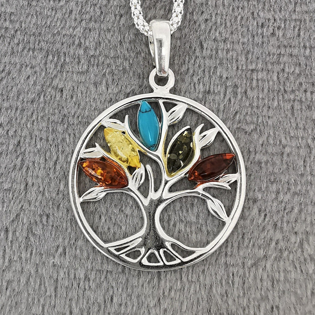 Silver Amber Tree of Life pendant with Turquoise
