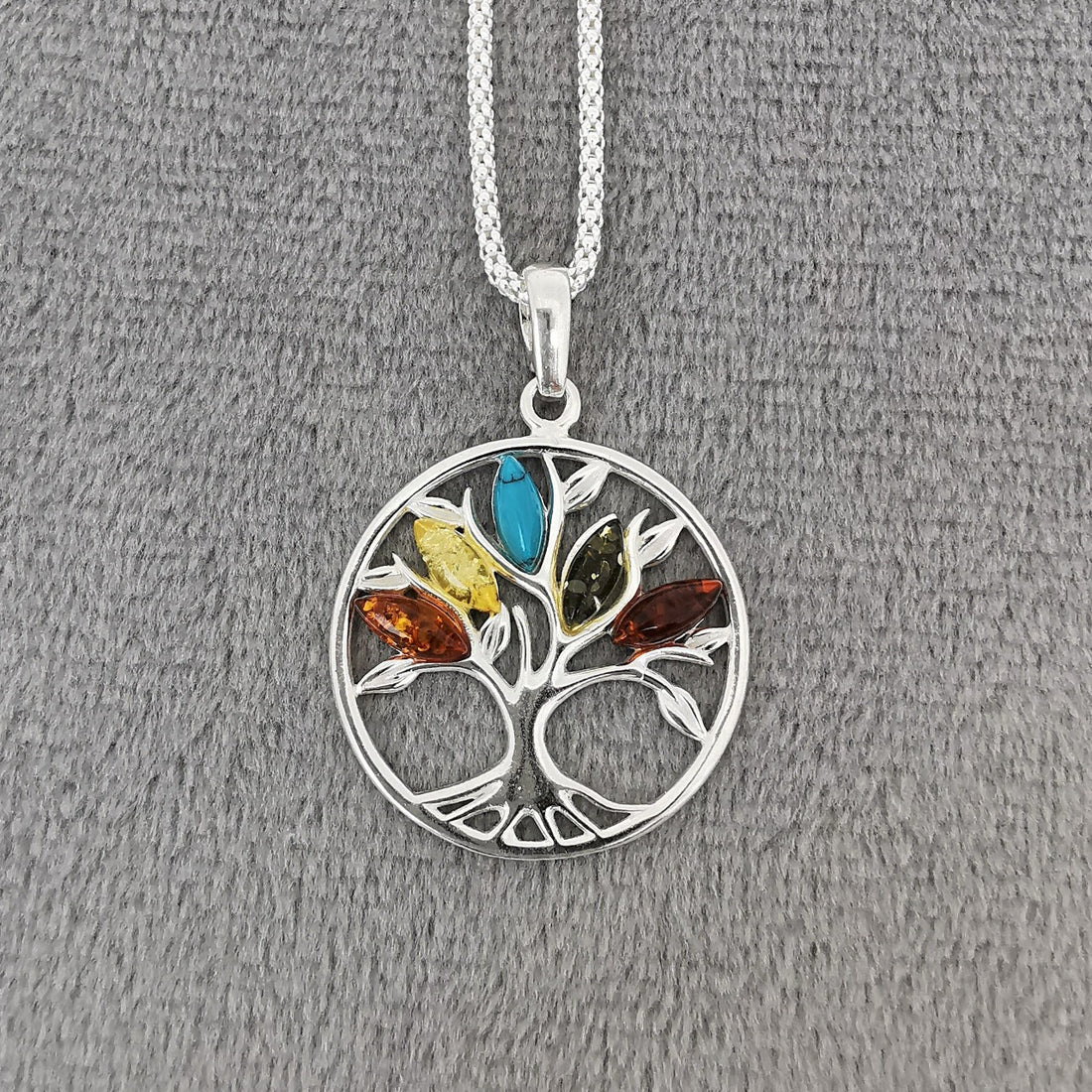 Silver Amber Tree of Life pendant with Turquoise