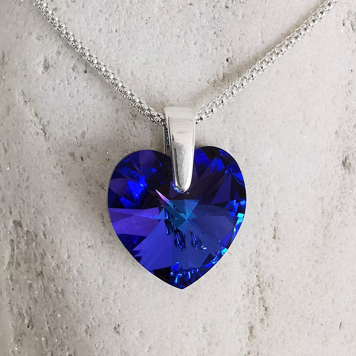 Krystall anheng i sølv - Blå Heliotrope hjerteformet 18 mm