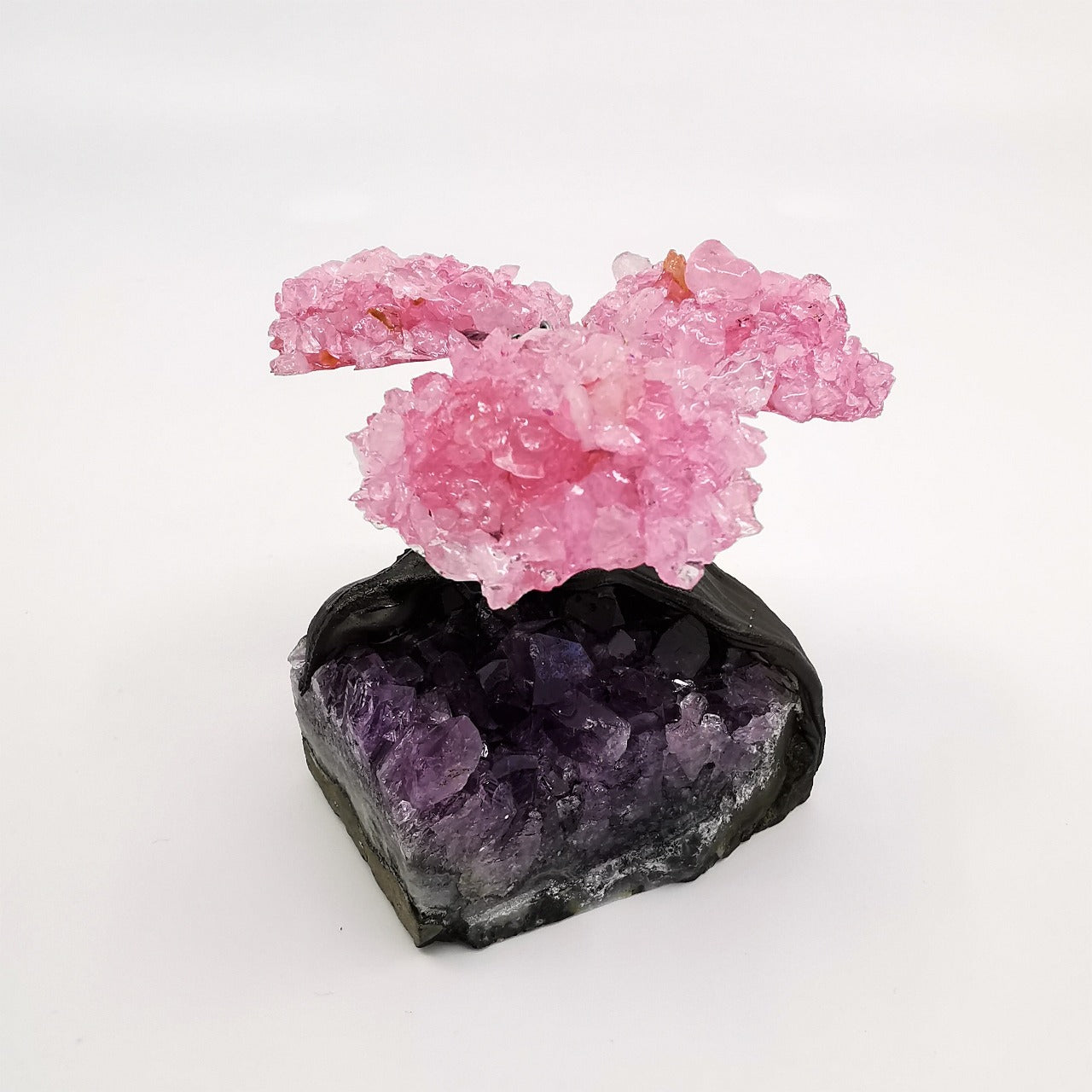 Crystal Tree size 1 - Tree nr 3 - Rose Quartz Crystal Tree on Amethyst Base - Rosenkvarts krystalltre på ametyst base