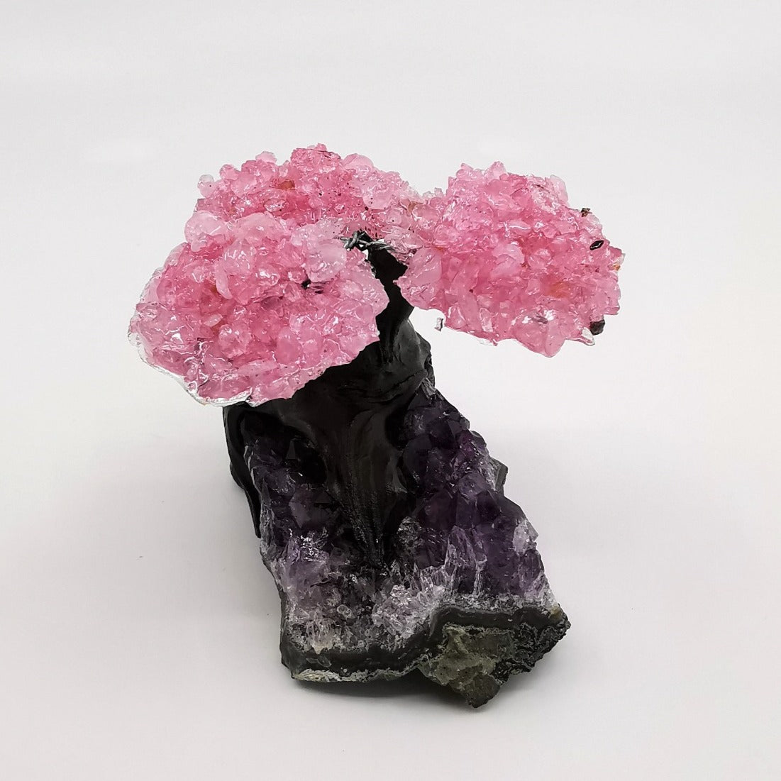 Crystal Tree size 1 - Tree nr 4 - Rose Quartz Crystal Tree on Amethyst Base - Rosenkvarts krystalltre på ametyst base